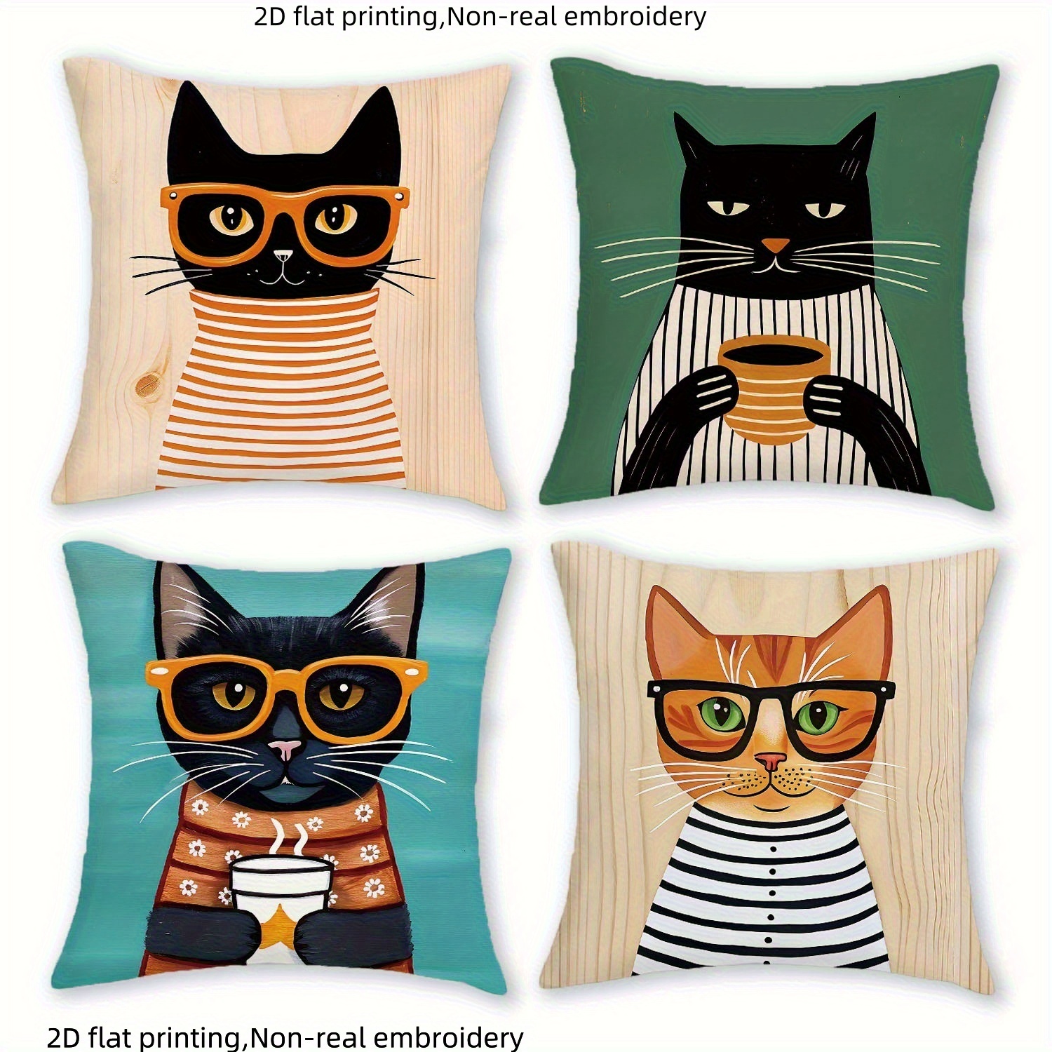 TEMU 2D Plat - Ensemble de 4 housses de coussin imprimées 2D avec motif de chat au lunettes, en fibre de polyester, impression recto, garnitures de