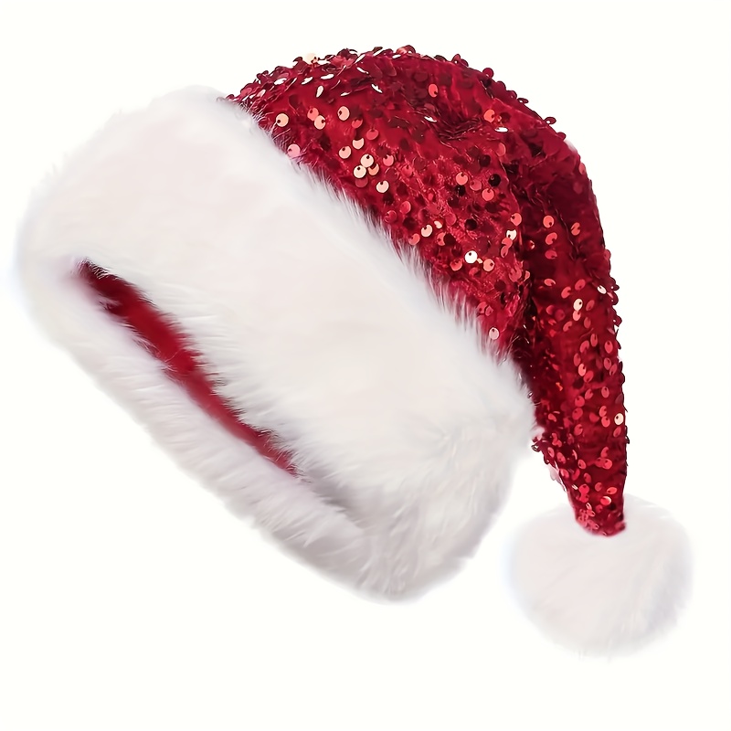 TEMU Christmas Sequin Santa Hat - Double Layer Shimmery Polyester   , Inelastic, , Knitted , No Feathers, Headwear For Adults