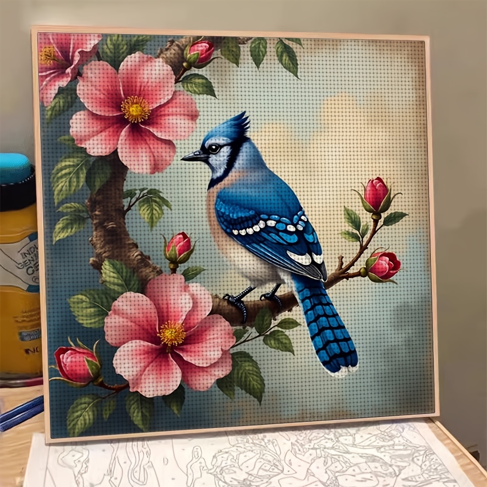 Frameless Cross-Stitch Printed Kit, Blue Bird on Flowering Branch Design