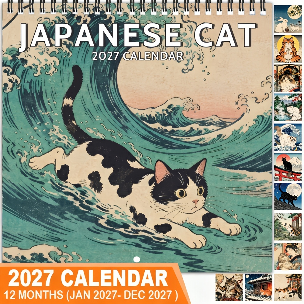 TEMU High-aesthetic Retro -e Art , Exquisite Japanese Cat Painting Hanging Monthly Planner, Scenery Printed Design, Double-loop Binding For Easy