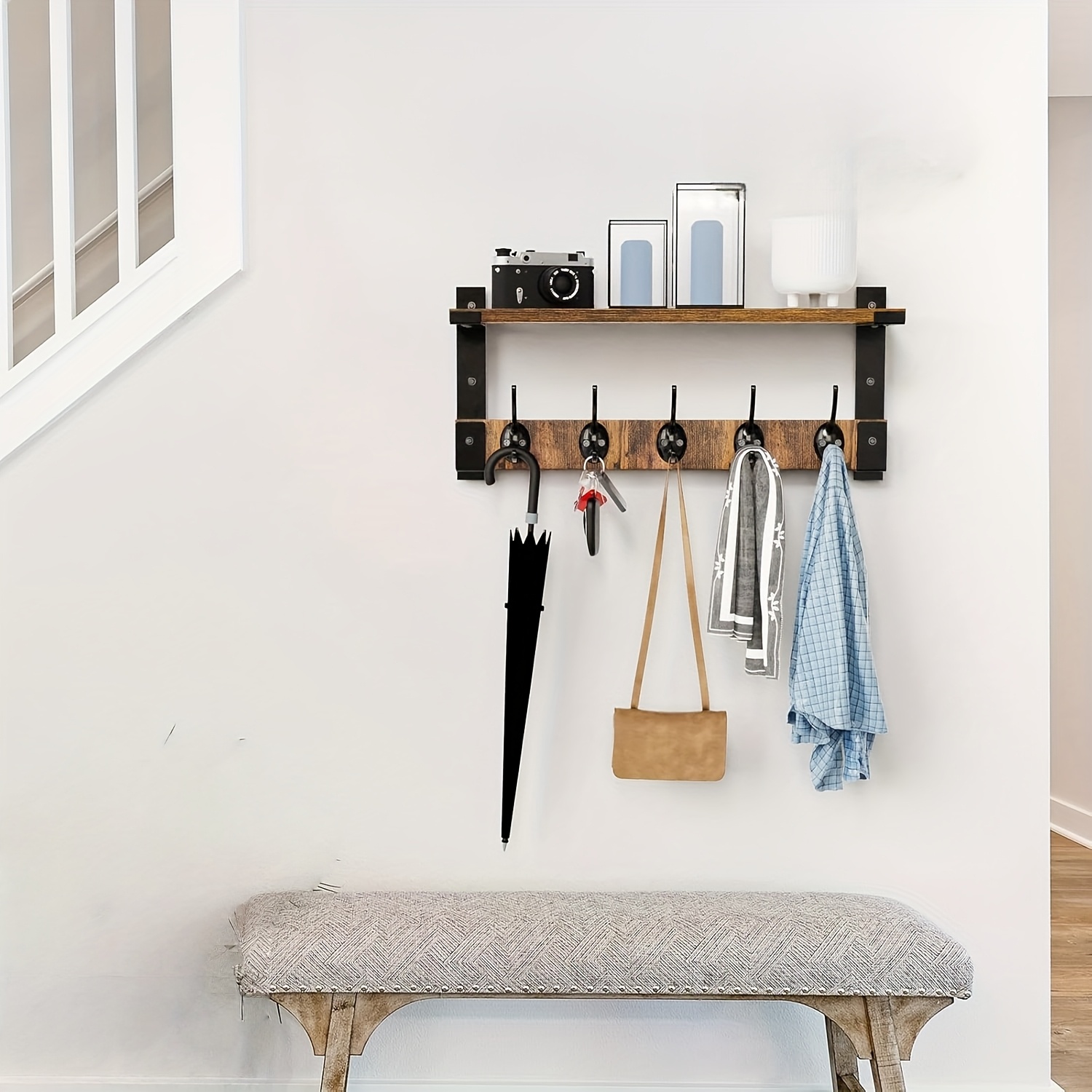 vintage style wall mounted shelf metal hooks wooden coat Temu