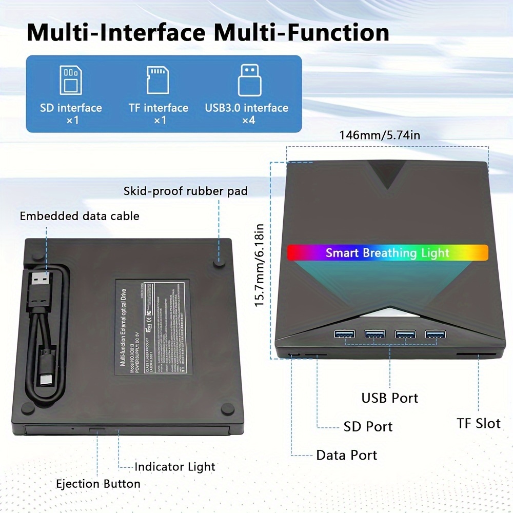 [7 in 1] 外付けcd/dvdドライブ ラップトップ用 usb 3.0 type c dvdプレーヤー ポータブル - Temu Japan