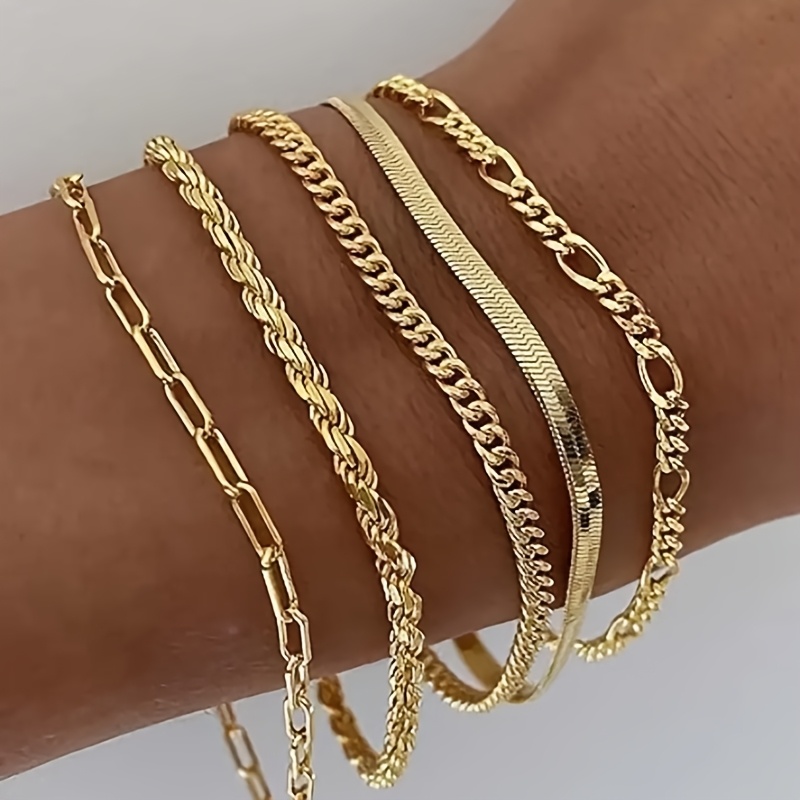 

5pcs Set Of Chic Golden- Bracelets For Women - Multi-layered With Thin & Twisted Chains, Alloy Construction, & Party Wear, Minimalist Fashion Accessory