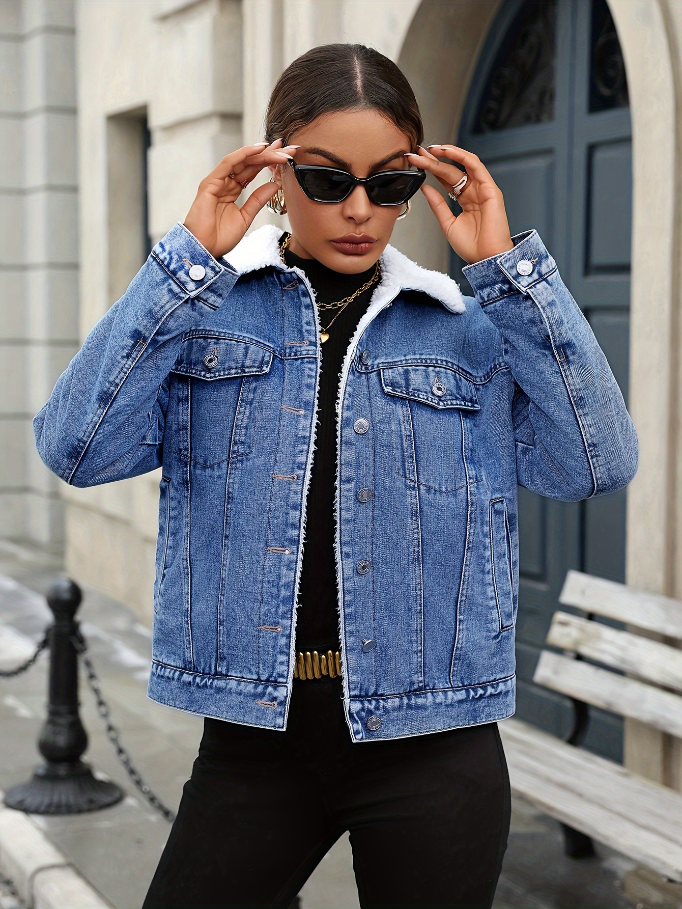 's Plus Size Oversized Winter Jacket Heavy-Duty Denim Collar Collar  Jacket, White Piping Trim, Blue Washed Denim Coat (Machine Washable) for