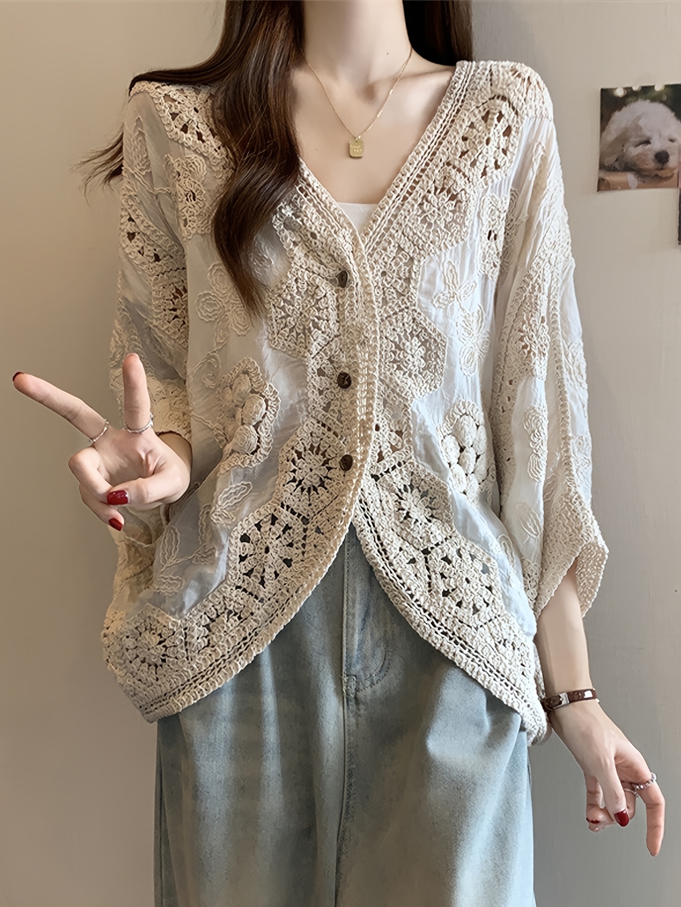 cárdigan bohemio crochet cuello mujer abrigo Temu Colombia