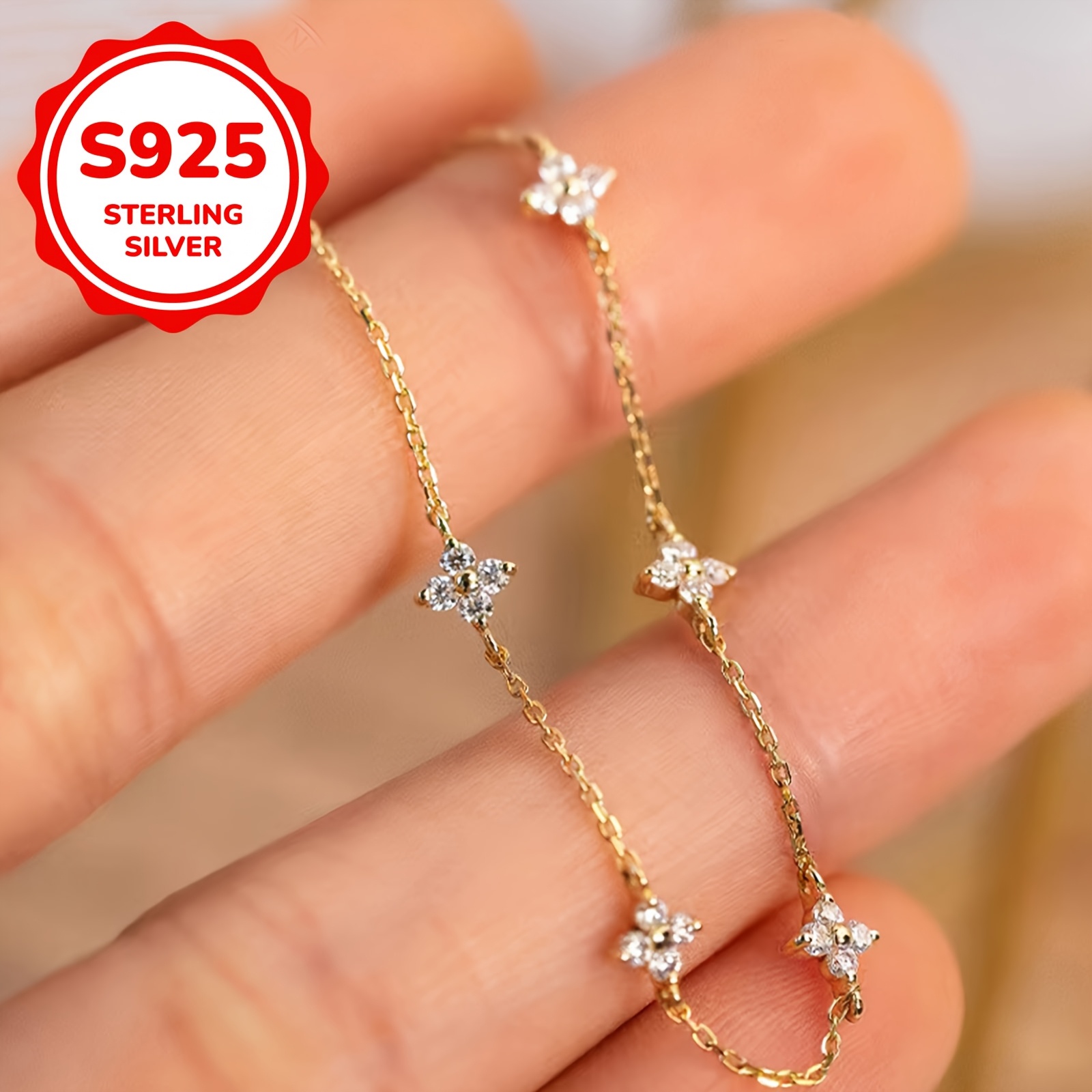 TEMU Mother's Day 1pc Exquisite S925 Silvery Flower Bracelet, Set With Synthetic Zirconia - Perfect Valentine's Day Gift, Product Weight Is About 2g