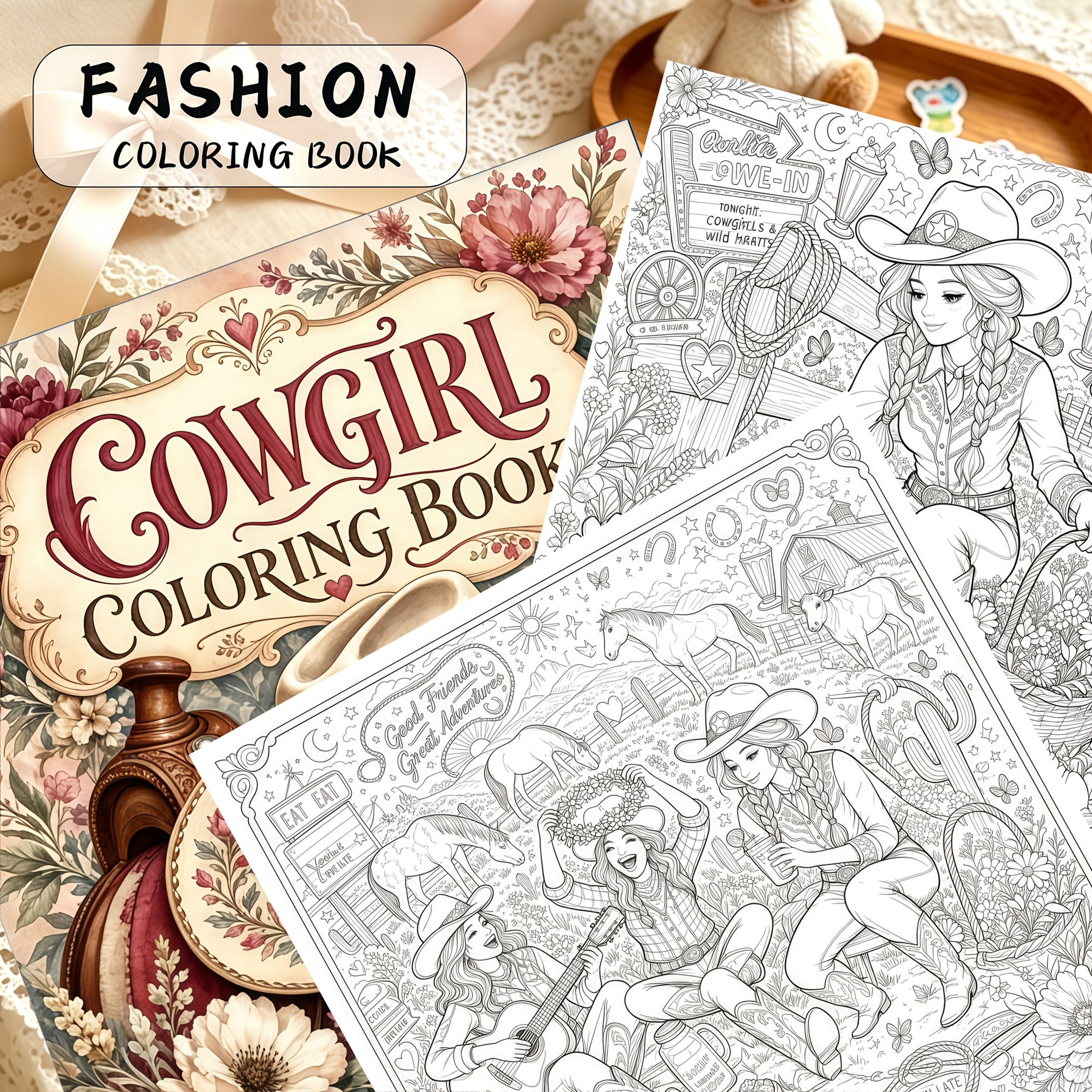 TEMU Livre de coloriage 1 Book Cowgirl pour femmes et adultes - 'activités mandala western de 24 pages avec épais, pages à simple face | Scènes de