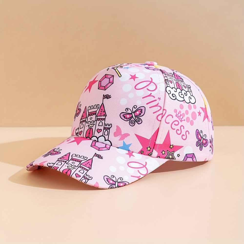 

Kids Princess Breathable Pink Baseball Cap With Castle & Unicorn Design, Adjustable All Seasons Casual Sun Hat, Perfect For Everyday Wear, For Ages 3-8