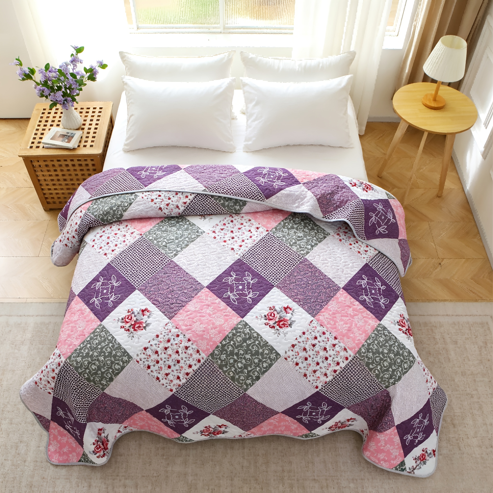 Quilted Microfiber Bedspread, Diamond Printed Ultra Soft Reversible Coverlet, All-year Lightweight Thin Comforter, Stylish Decorative Bedding Cover Without Pillowcase For Bedroom