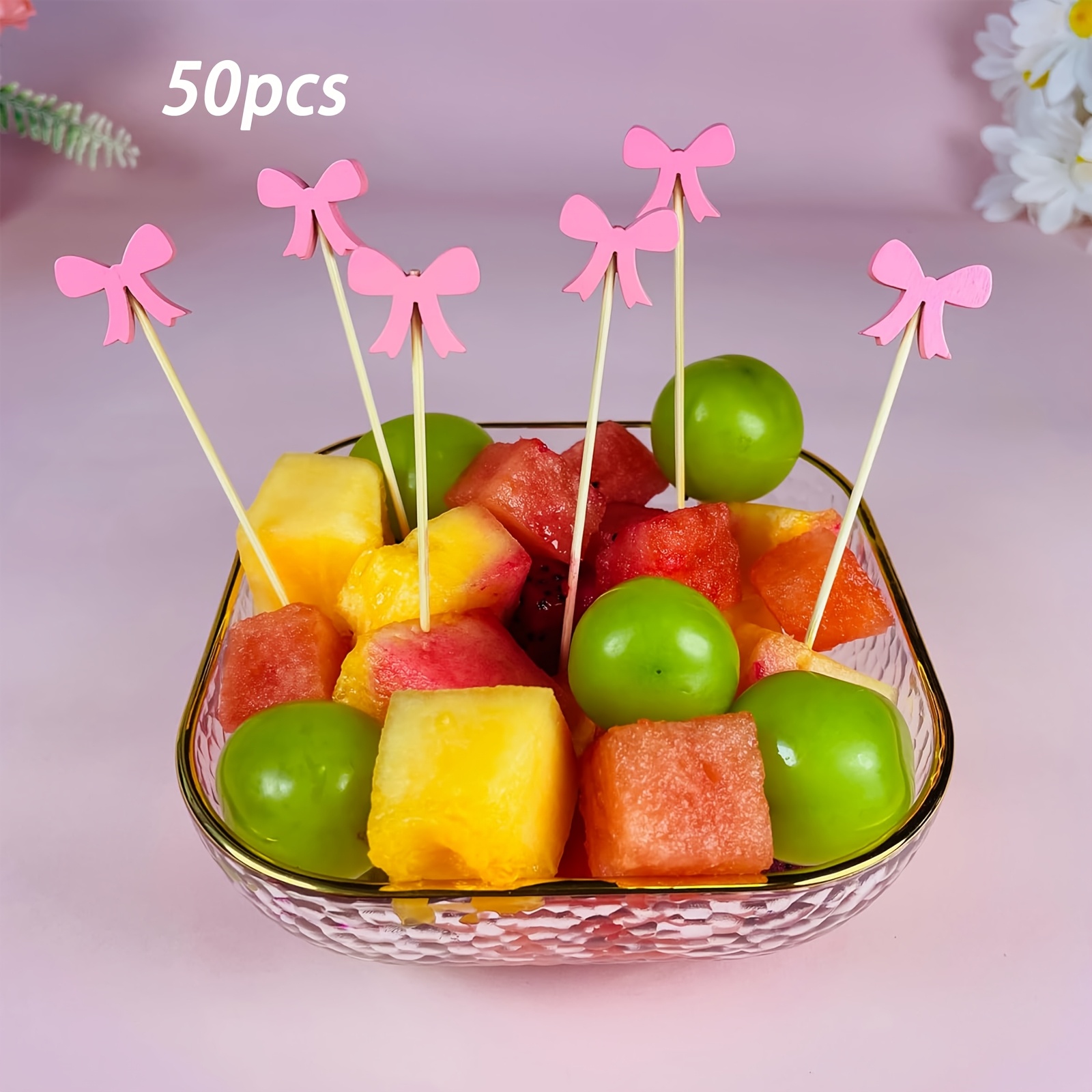 Image of 50 Pink Bow Toothpicks, Elegant Valentine's Day Cocktail Picks, Suitable For Appetizer Skewers, 5-inch Food Picks, Used For Fruits, Drinks, Sandwiches, Desserts, Etc., Bow Decoration, Party Supplies