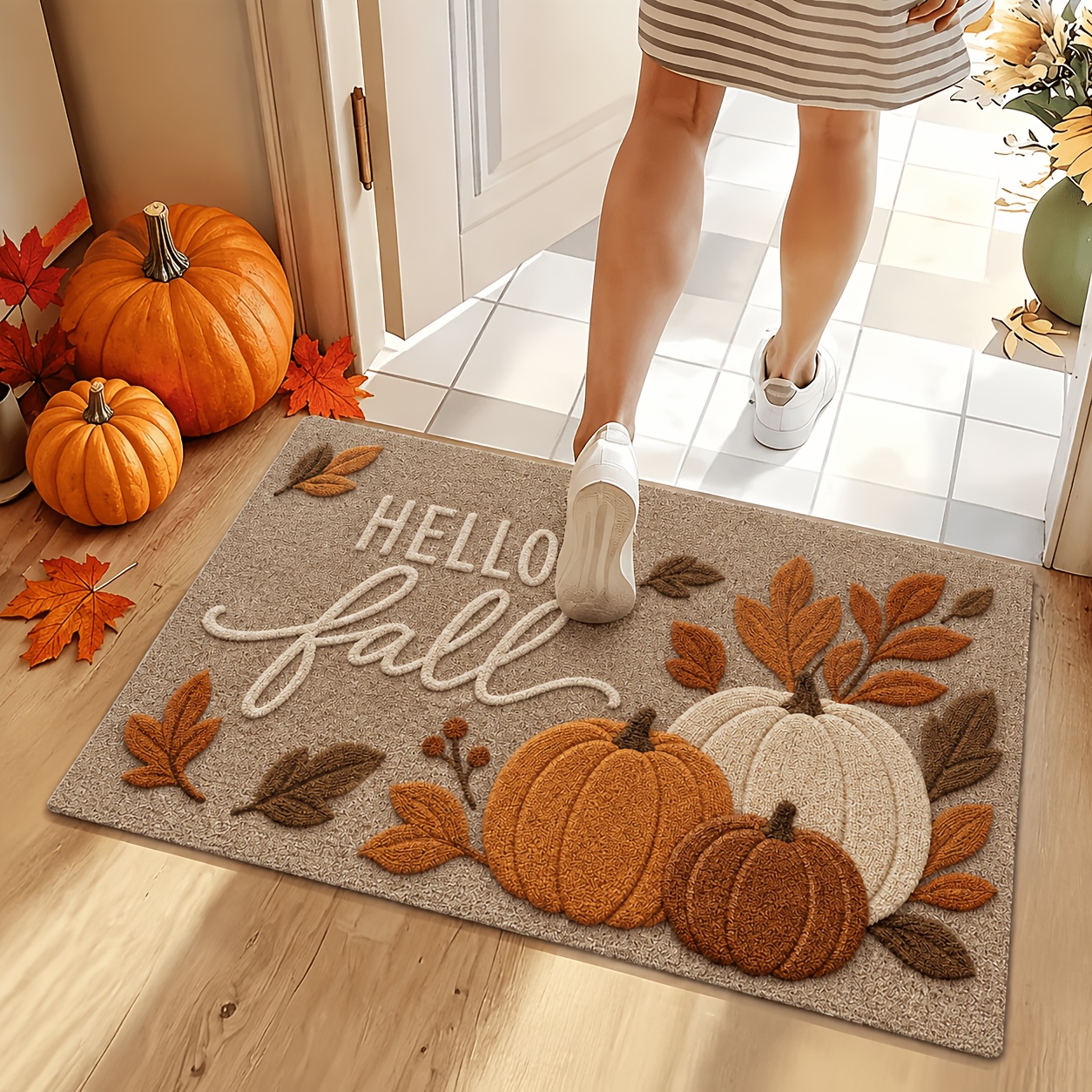 TEMU 1pc Indoor Entrance Mat Pumpkin Leaf Print Flannel Material Non Slip Comfortable Easy To For Thanksgiving Farmhouse Rustic Seasonal Decor