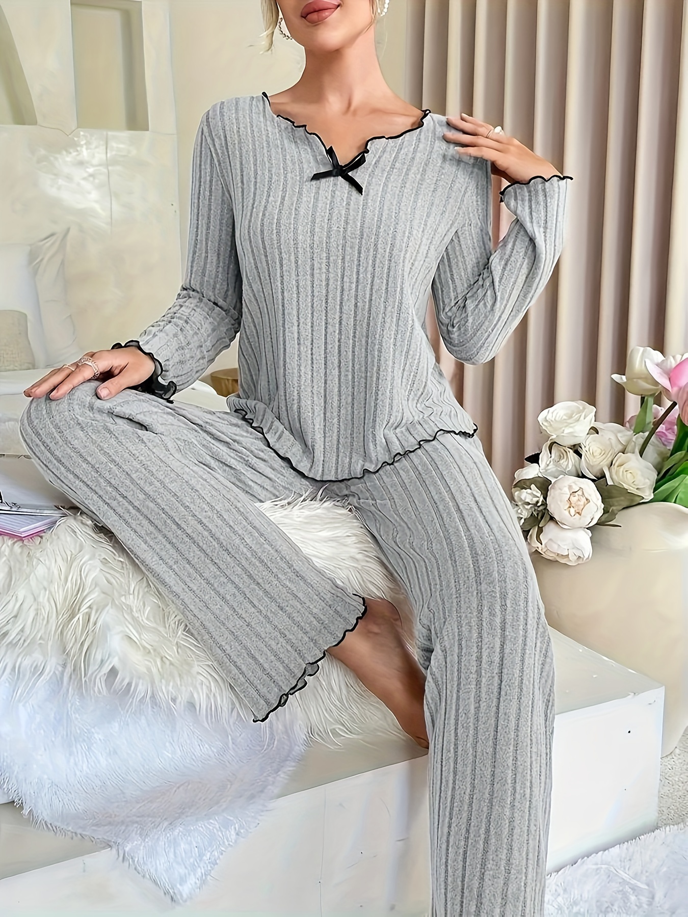 Plus Size Casual Lounge Set Women's Plus Solid Ribbed Knit - Temu