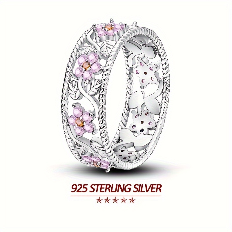 

925 Sterling Silver Hollow Wide Band Ring With Sparkling Pink Zirconia & Hawthorn Flower Cut-out Pattern, Hypoallergenic Elegant Luxury Original Jewelry Gifts For Women