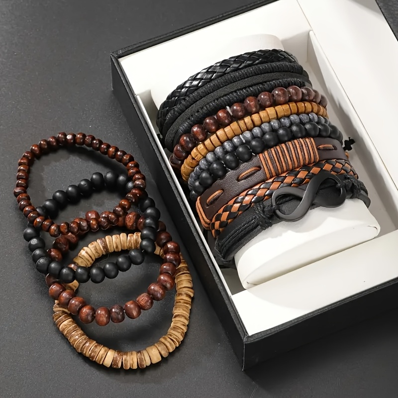 Image of 13pcs Vintage Woven Fashion Black Figure-8 Men's Bracelet Set, Daily Wear Gift For Casual Parties, Fashion Accessory ( Included) - Christmas, Halloween, New Year Gift