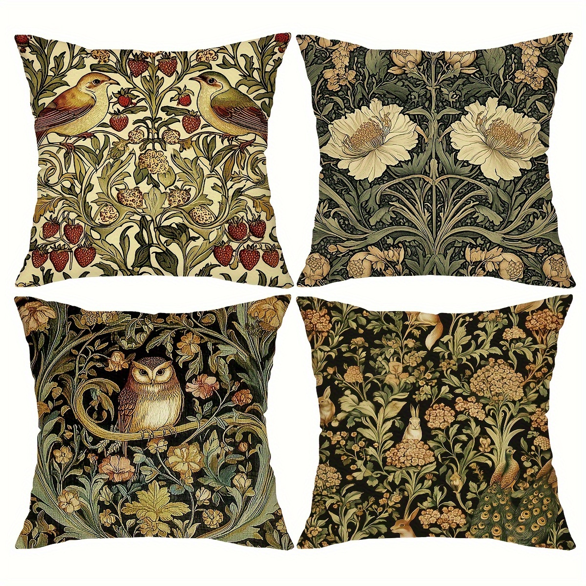 

4pcs Vintage Chinoiserie Bird And Floral Botanical Green Throw Pillow Covers, 18x18 Inches, Classic Art Decorative Cushion Covers With Zipper Closure For Living Room, Bedroom, And Sofa Bed