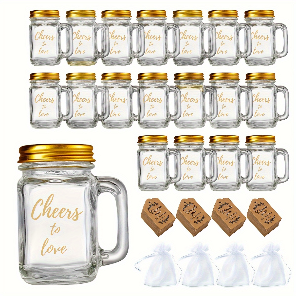 

50set, Wedding Favors For Guests Bulk Glasses, Cheers To Love Mini Mason Jar 35ml With 50 Thank You Cards & Organza Bags For Guest Wedding Newlyweds Bridal Shower Gifts