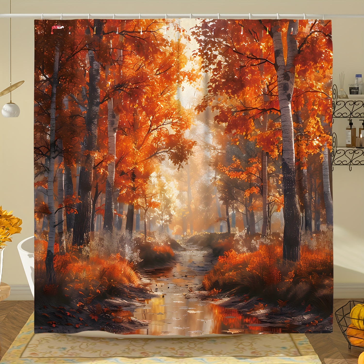 

Autumn Splendor Shower Curtain - Waterproof Polyester, Maple Leaf & Forest Design, Machine Washable With 12 Hooks, 71x71 Inches - Perfect For Fall Bathroom Decor