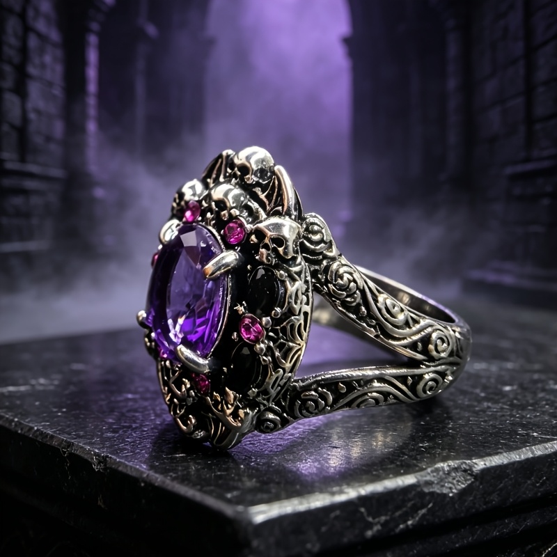 TEMU Vintage And Gorgeous Gothic Skull Style Teenager's Fashion Ring, Set With Purple Synthetic Synthetic Synthetic Zircon​​ For Teenager's
