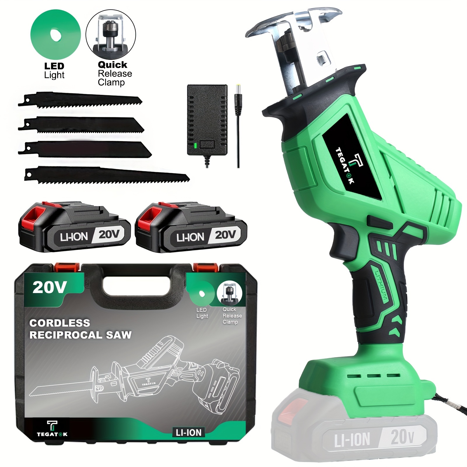 

Tegatok 20v Cordless Reciprocating Saw, 2.0ah Battery, 3000 Rpm, Blade , Reciprocating Saw With Led Lights, 4 Replacement Saw Blades And Toolbox For Wood, Metal, And Pvc Cutting