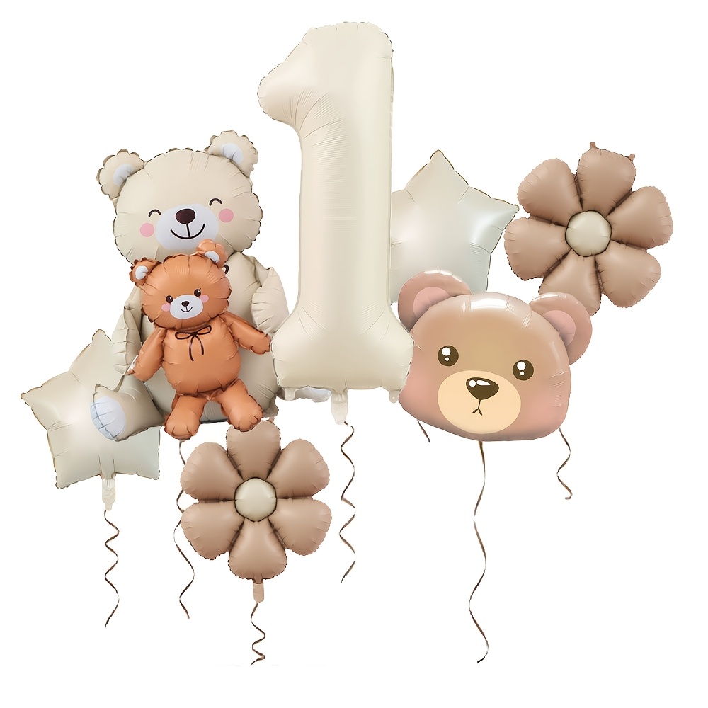 TEMU 1 Set Sitzender Bär und Bärenkopf mit cremefarbenen, nummernförmigen Folienballon-Set, geeignet für Geburtstagsfeiern, -Dekoration. Bären-Thema,