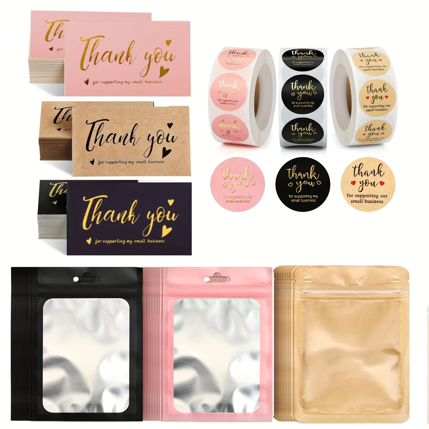 

1740-piece Thank You Card And Seal Bag Sticker Set - 1500 'thank You' Stickers, 150 Gold Foil Greeting Cards, 90 Reusable Thick Seal Bags - Multi-occasion Appreciation For Any Recipient