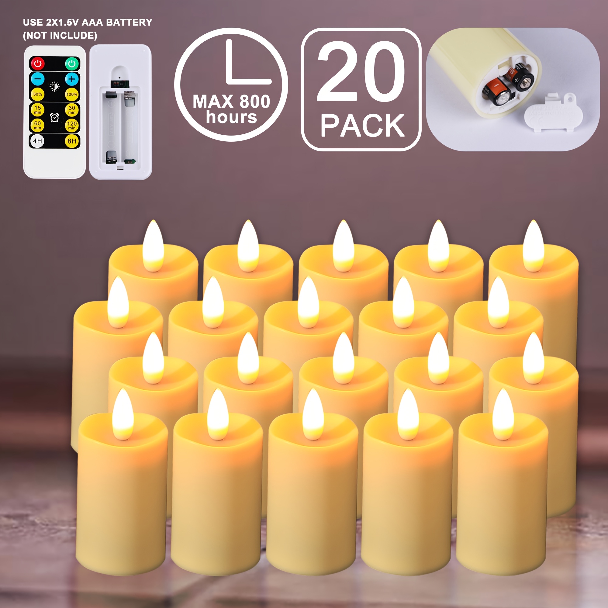 TEMU 20pack Flameless Tea Light Votive Candles, Max 800hours By 2aaa Battery With Remote Control, Led Flickering Candles Battery Operated Candles Indoor Home Decor, Dia 1.5"*h3.15"