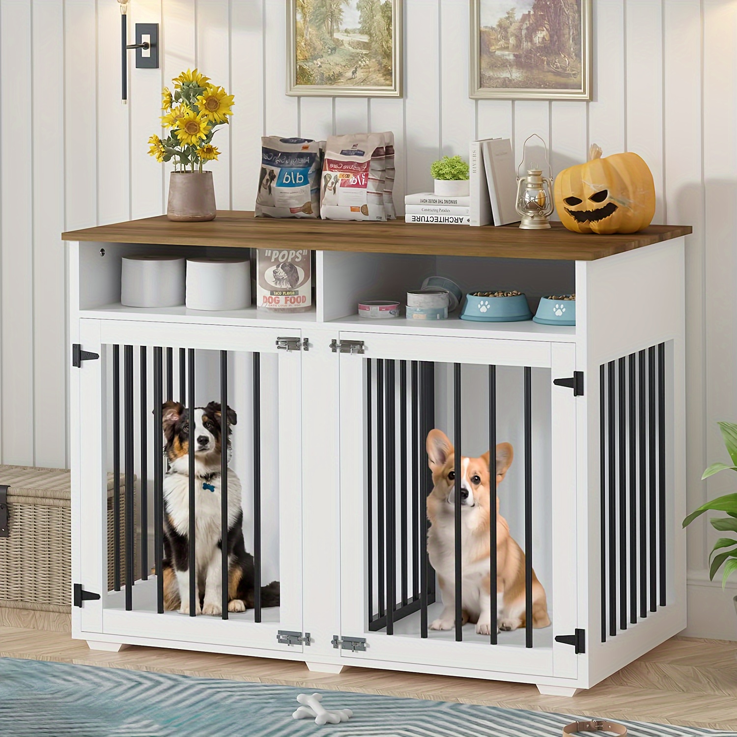 

Farmhouse-style Crate End Table With Divider & Shelf Storage, Decorative Pet Kennel For , Suitable For Small/medium/large Breeds - White, Dog Kennel Furniture