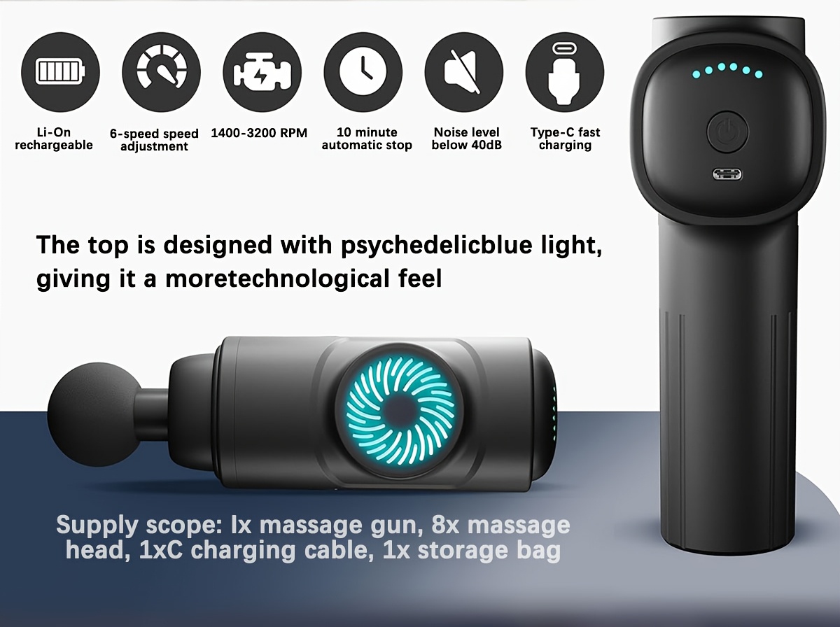SORUDEL deep tissue massage gun with 8 massage heads, handheld electric muscle massager, high-power myofascial impact device, battery powered, rechargeable18650 lithium battery, 6-speed, 10 minute automatic stop function, portable, with carrying case