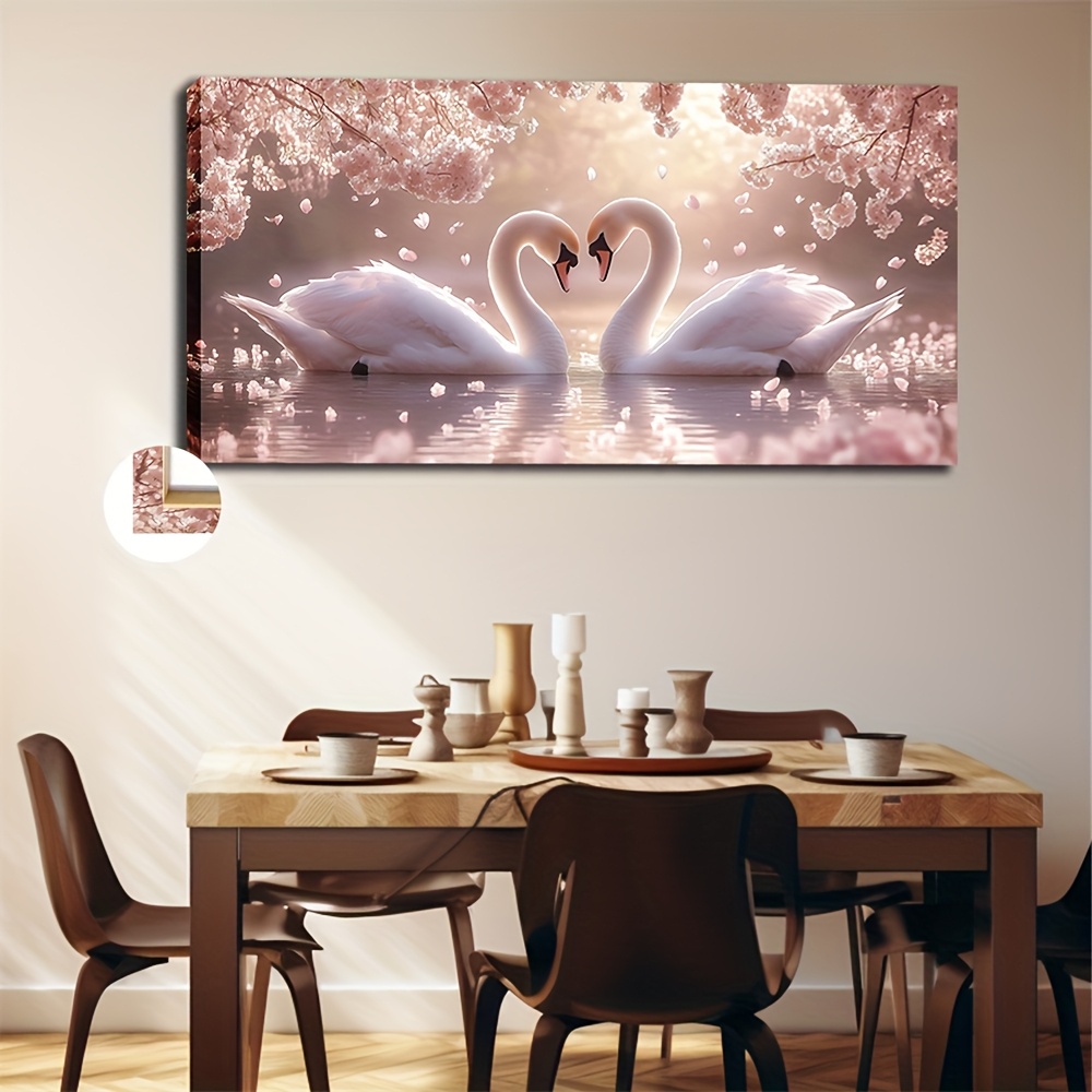 TEMU 2d Flat, 2d Flat, Large Size Framed Canvas Decoration Painting, Oil Painting 50x100cm 20x40inch And Delicate Swan Suitable For Kitchen, Coffee