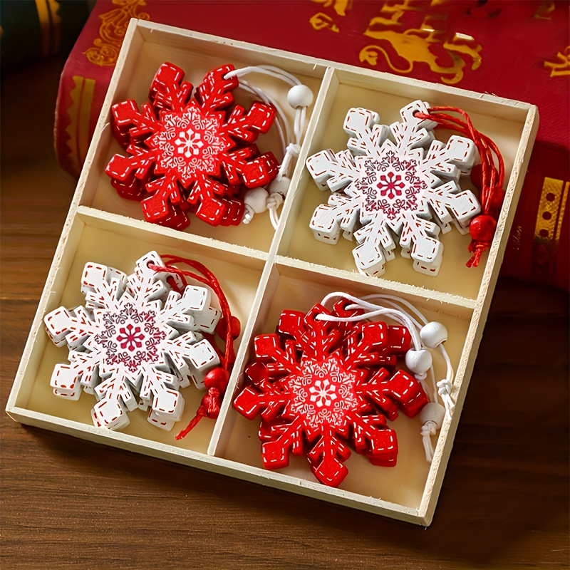 TEMU 12pcs Red And White Christmas Snowflake Ornaments, Suitable For Wooden Trees And Home Decor, Christmas Tree Holiday Charms, Hanging Decorations,