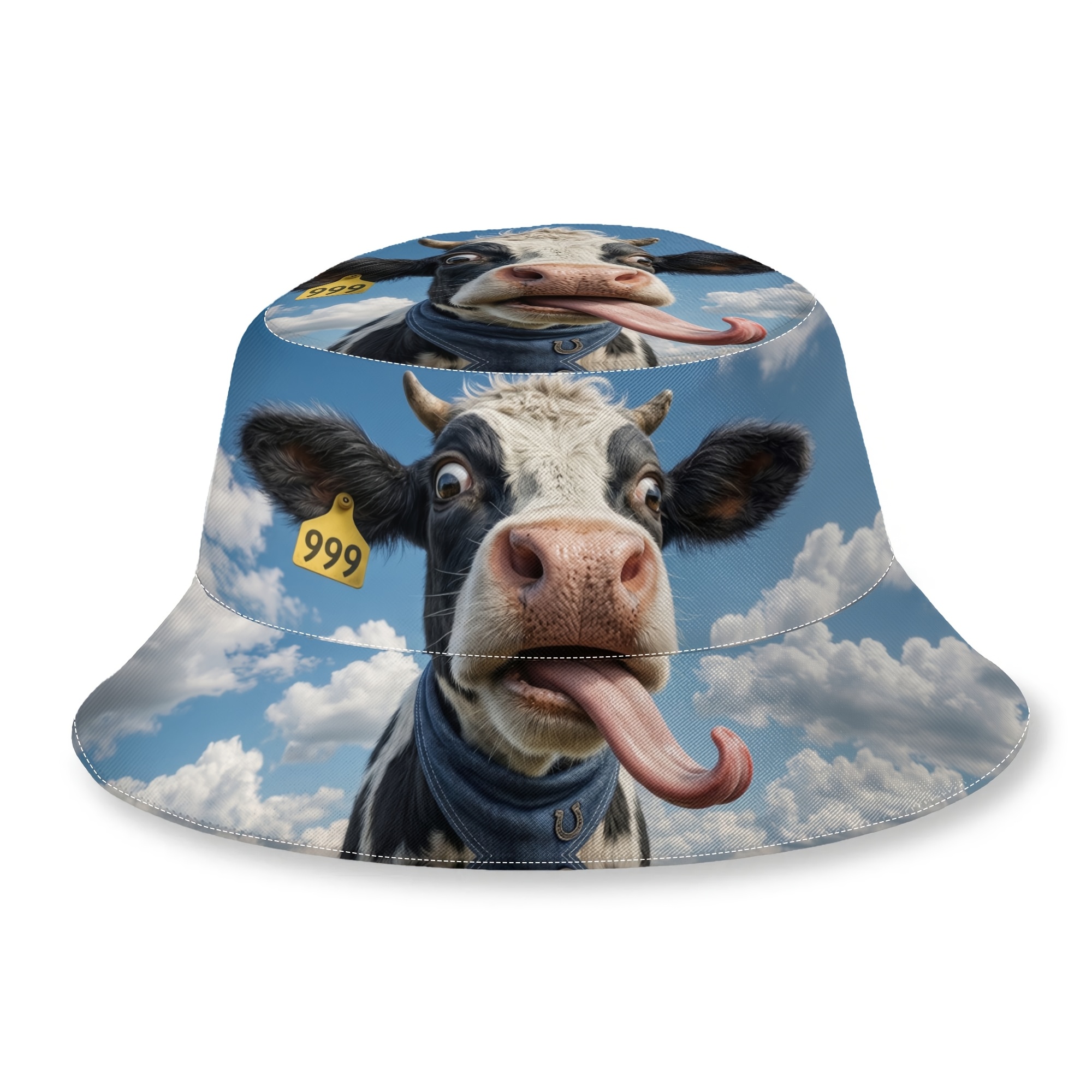 TEMU 1pc 2d Flat Printing Bucket Hat Funny Cow Long Tongue Pattern Outdoor Caps For Men Women