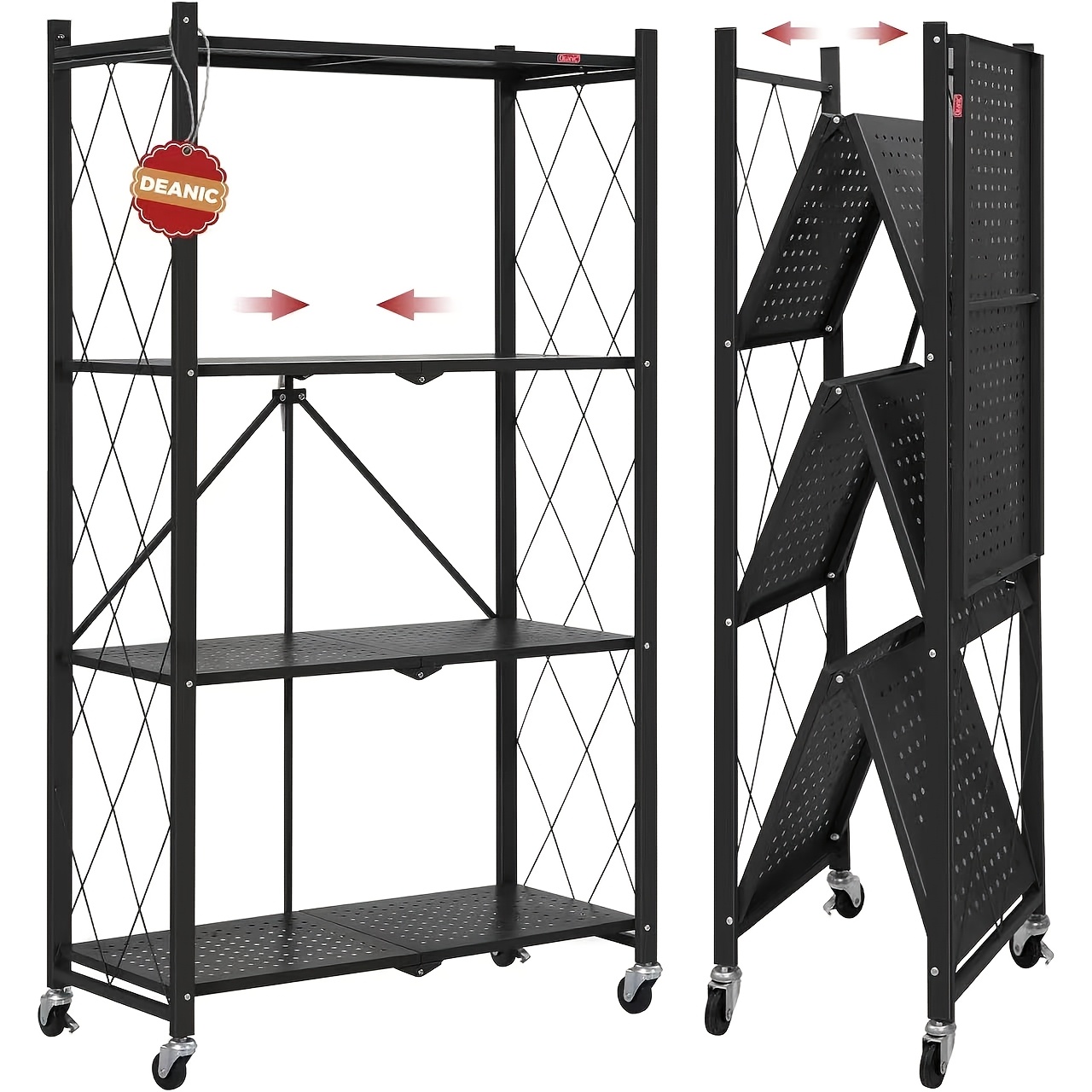 4 Tier Foldable Storage Shelves With Wheels, Large Capacity Shelving Unit, Freestanding Metal Wire Shelf Rack, No Assembly Organizer Rack For , Basement, Pantry (), Standing Shelf, Standing Shelf