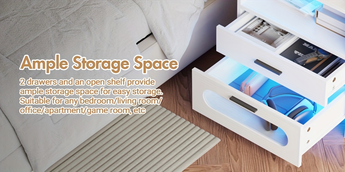 modern white bedside table with 2 drawers rgb led lighting charging usb port space saving design for bedroom office or playroom techfriendly storage modern bedside table durable construction bedside table for bedroom Product details 3