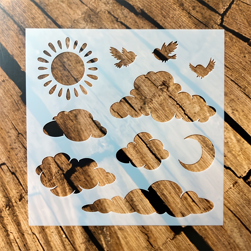1pc Sky Clouds, Birds, Sun, Moon Cut-out Stencil For Fabric, Crafts, Wall, Wood, Painting Template Tool, Plastic, Art Supplies, School Supplies, Office Supplies
