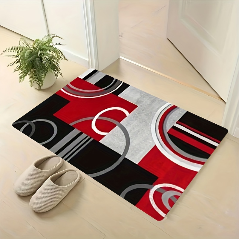 

[popular ] 1pc Geometric Pattern Soft Anti-slip & Stain-resistant Floor Mat For Living Room And Kitchen - Red, Black, Gray | 480g/sqm Thickness 1cm, Floor Mat