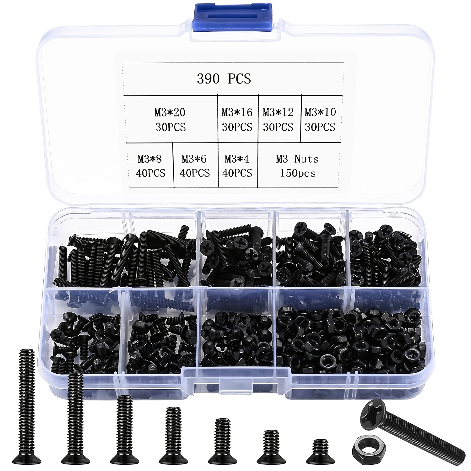 Machine Screw And Hex Nut Kit M3, 390pcs Black Countersunk Phillips Screw And Nut Combination Kit - M3 X 4mm/ 6mm/ 8mm/ 10mm/ 12mm/ 16mm/ 20mm