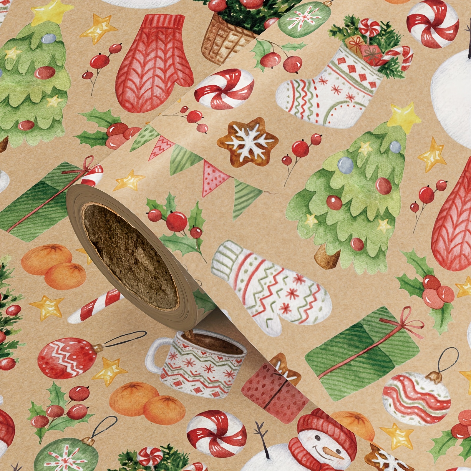 TEMU 1 Rolle Weihnachts-Kraftpapier | Brauner Hintergrund mit Aquarell-Baum, Handschuhen & Schneemann-Design – Ideal für Feiern, Geschenkverpackungen