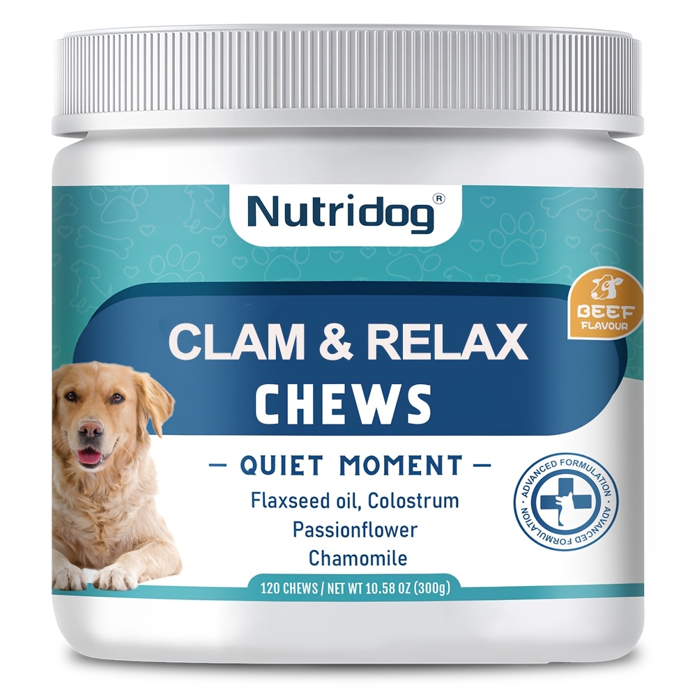 Image of Nutridog Calm Chews For Dogs - Dog Supplement With Colostrum, Valerian Root, L-theanine, Vitamin B1, Relax - 120 Chews