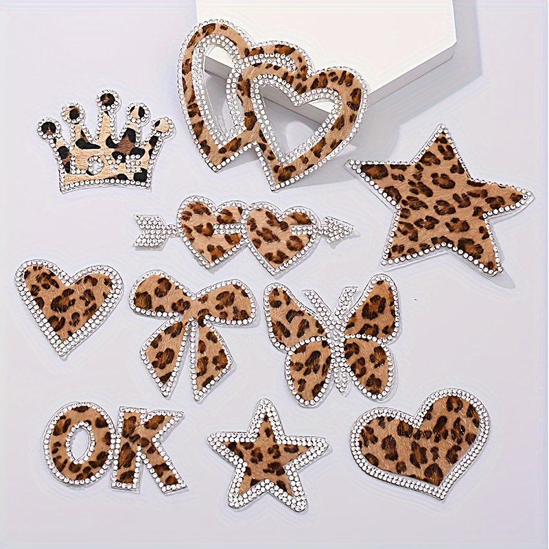 

10pcs Rhinestone Leopard Print Iron-on Patches - Cartoon Themed Solid Color Embellished Stickers For Jackets, Backpacks, Diy Crafts, And Badge Accessories