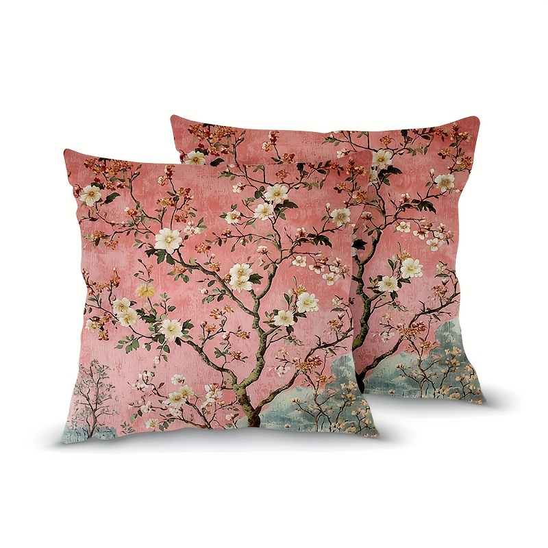 TEMU 2pcs, Spring Summer Short Plush Pillow Covers, Double Sided Printing, 18 X18 Inch, Vintage Chinoiserie Pink Flowers Branches, Throw Cover With