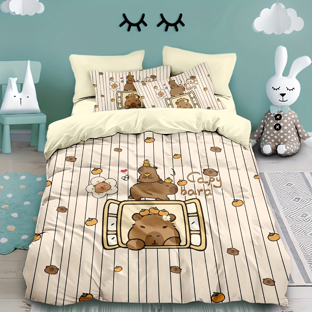 TEMU Ein 3-teiliges Bettzeug-Set (1 Bettbezug, 2 Kissenbezüge, ohne Füllung), mit einem niedlichen Capybara-Cartoon-Druck, geeignet für Schlafzimmer,