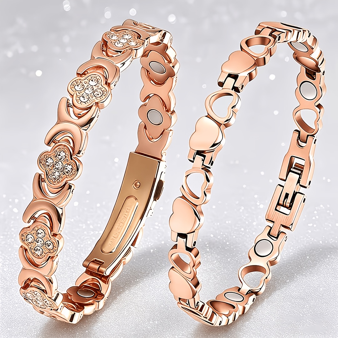 TEMU 2pcs Women's Copper Magnetic Bracelets With Rose , Heart And Clover Shaped Bangles, For Wedding Gifts, With Size Adjustment Tool