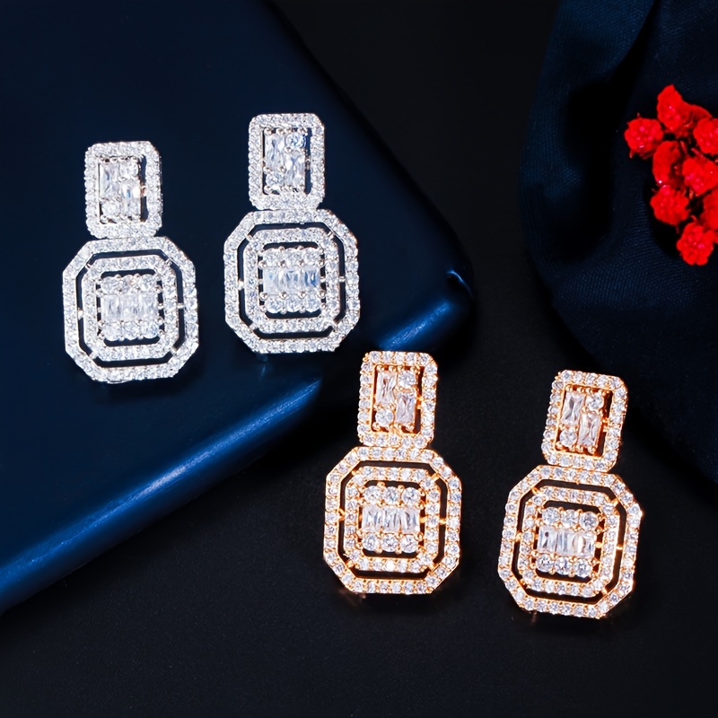 Golden Waterdrop & Rectangle Dangle Pendant Necklace Earrings Set