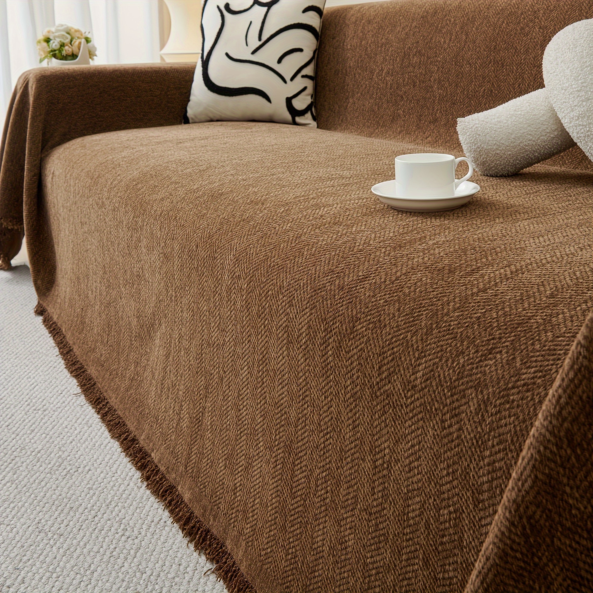 classic herringbone chenille sofa throw cover tassels Temu Mauritius