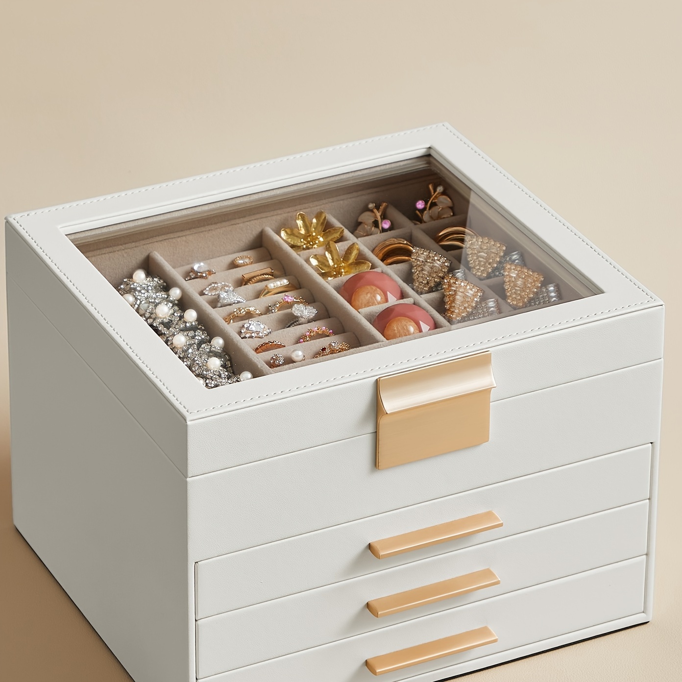 TEMU Boîte à bijoux avec couvercle en verre, 8 x 9,1 x 6,5 pouces, organisateur de bijoux à 4 niveaux, 3 tiroirs, graphite et doré