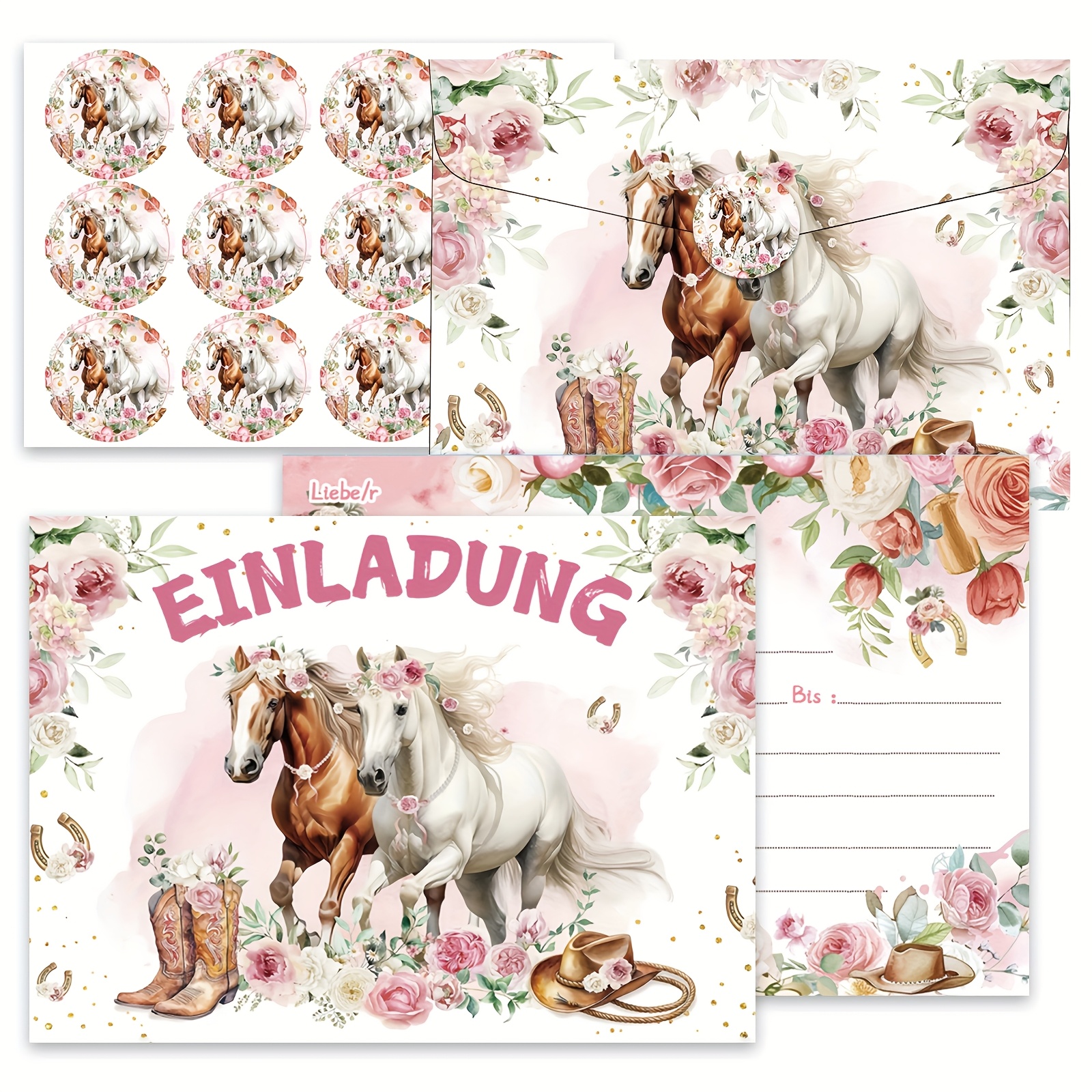 E-shop 12 Sets Pferde-Themen Einladungskarten mit Umschlägen und für Geburtstagsfeiern, rosa Party-Einladungen, Hochzeits-Einladungen, Einladungen für