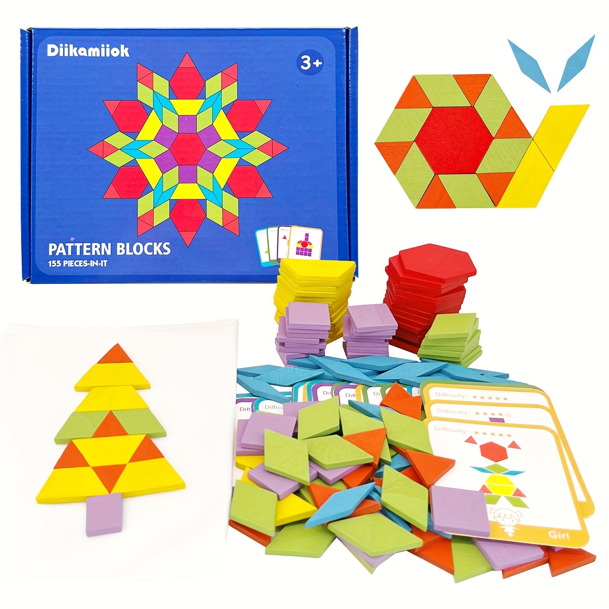 

155-piece Wooden Puzzle Blocks Set Geometric Shape Tangram Jigsaw Puzzles With 24 Pcs Cards Kids Montessori Game Educational Toys For Children