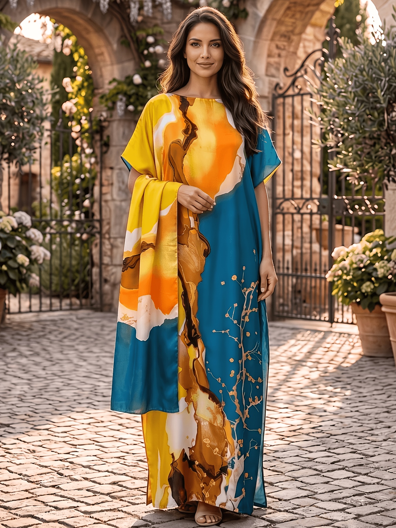 Plus Size - A Long Kaftan Dress in Plus Size for Women, Featuring a Middle  Eastern Style with a Blue And Golden Plum * Print, an Elegant Round  Neckline, Suitable for Formal Occasions Or Everyday Work ...