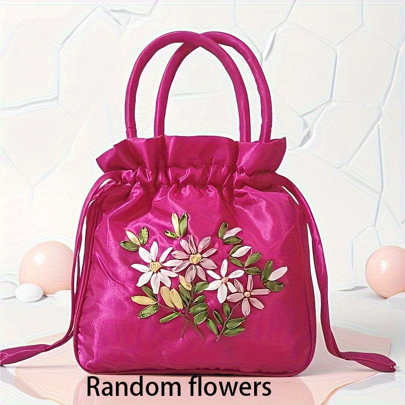 TEMU Fashion Trendy Retro Elegant Random Embroidered Flowers Nylon Material Women's Handbag, Large Capacity Drawstring Top Handbag/handbag, Suitable