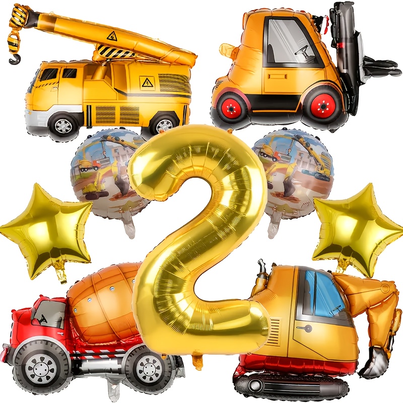 Image of 9pcs Construction Truck Balloon Set, Includes 32-inch 1, 2, 3, 4, 5, 6 Optional, Crane Balloon, Forklift Balloon, Suitable For Construction Site Theme Party, Birthday Party Decoration, Home Decoration